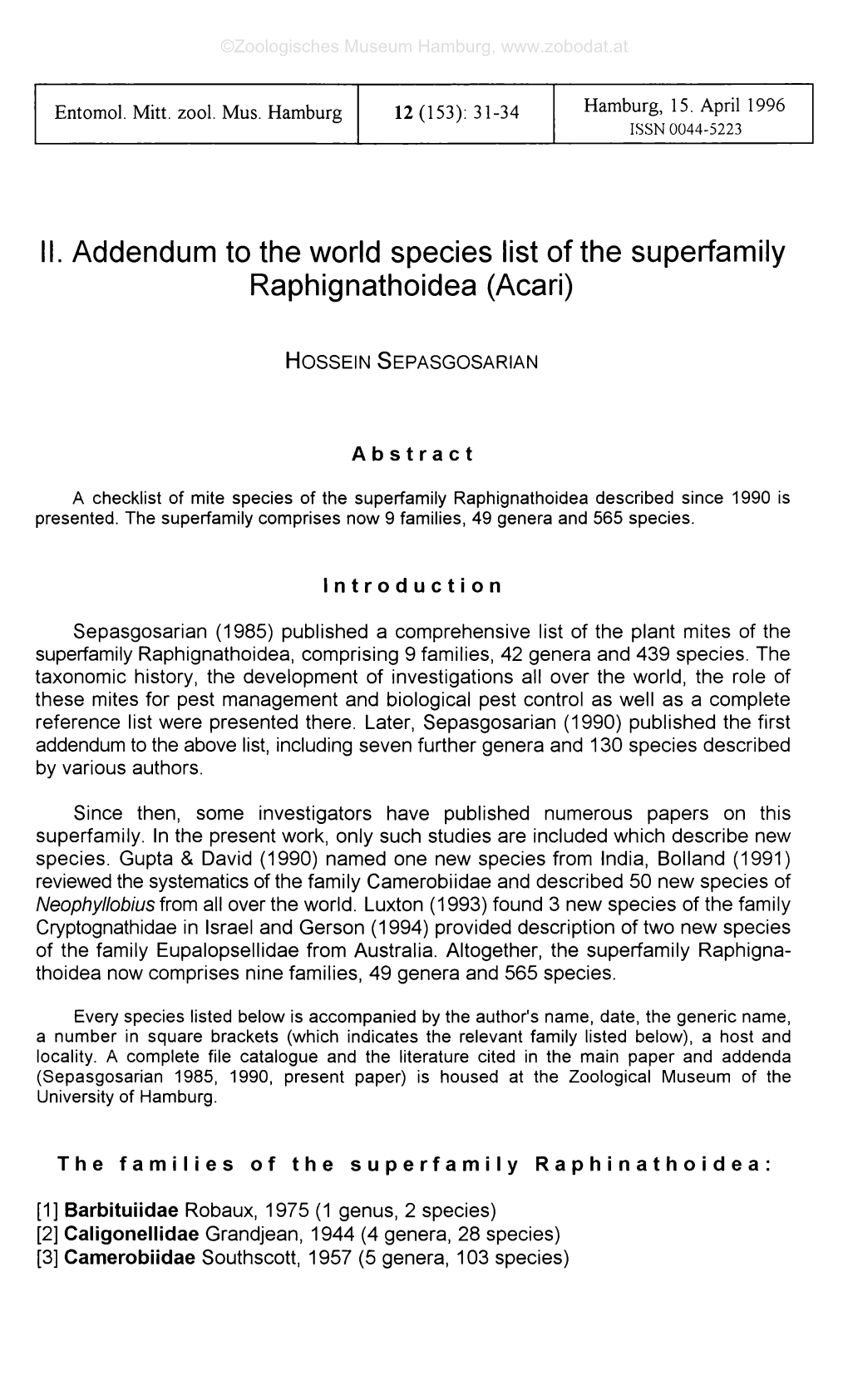 II. Addendum to the World Species List of the Superfamily Raphignathoidea (Acari)