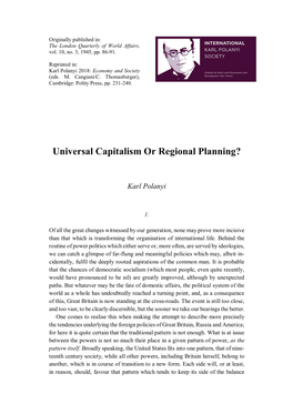 Universal Capitalism Or Regional Planning?