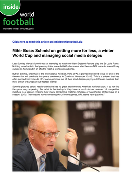 Mihir Bose: Schmid on Getting More for Less, a Winter World Cup and Managing Social Media Deluges