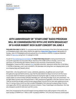 40Th Anniversary of “Star's End” Radio Program Will Be