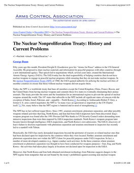 The Nuclear Nonproliferation Treaty History and Current Problems