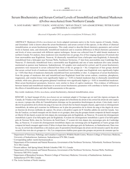 Serum Biochemistry and Serum Cortisol Levels of Immobilized and Hunted Muskoxen (Ovibos Moschatus) from Northern Canada N