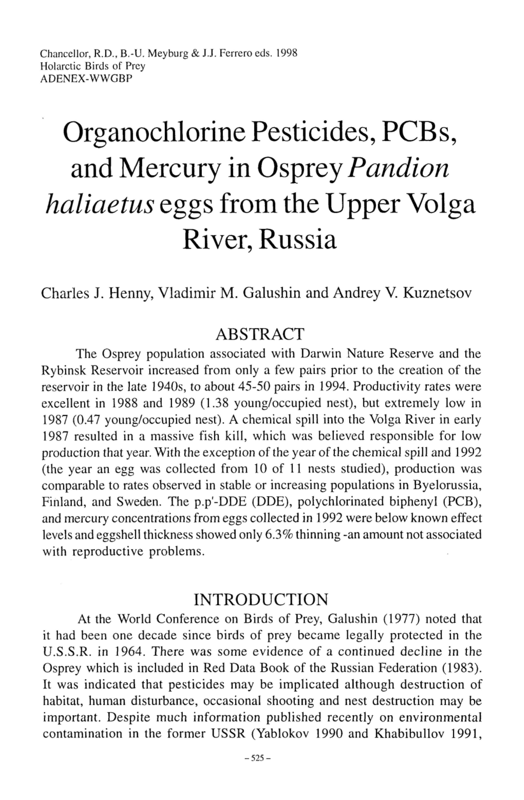 Organochlorine Pesticides, Pcbs, and Mercury in Ospreypandion Haliaetus Eggs from the Upper Volga River, Russia