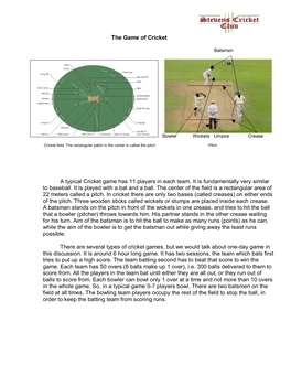 The Game of Cricket a Typical Cricket Game Has 11 Players in Each Team