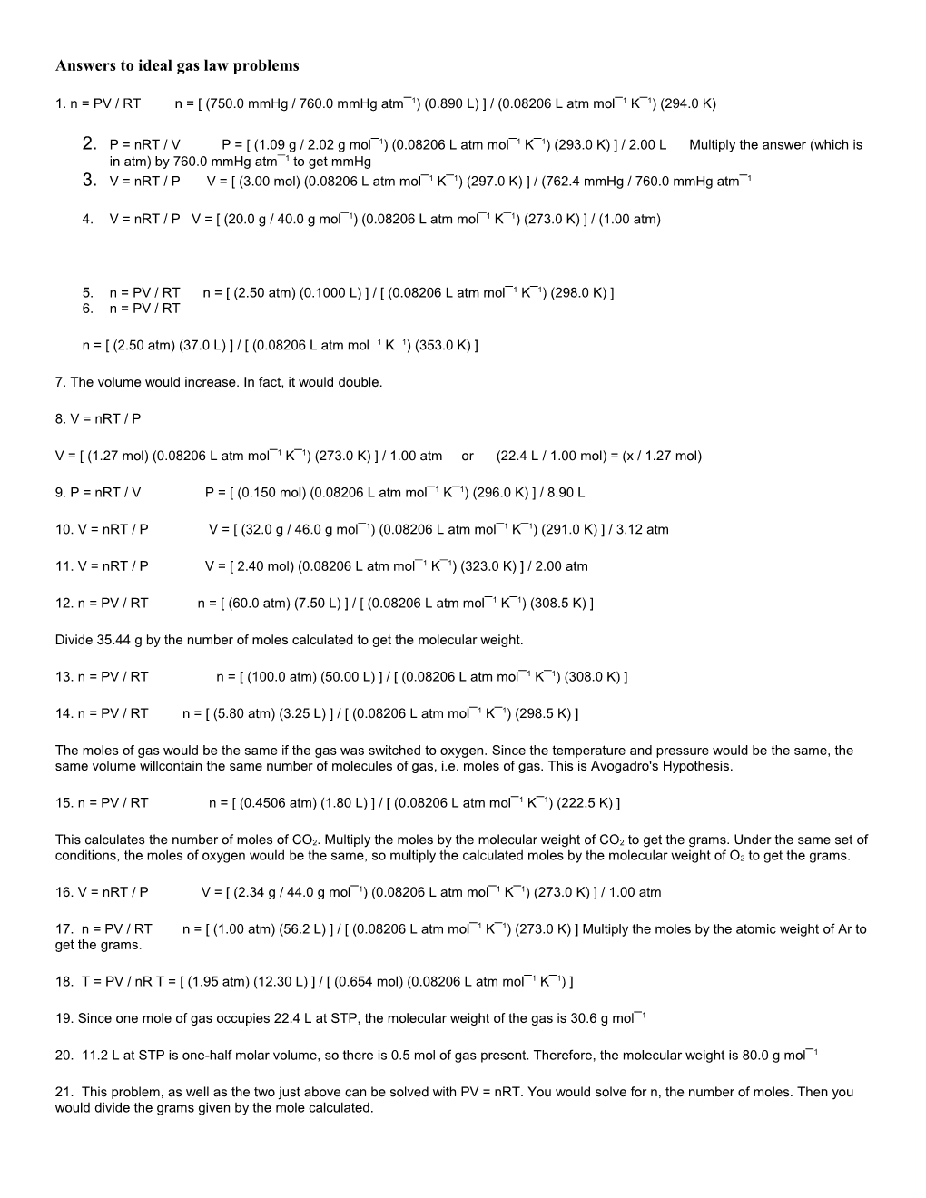 Answers to Ideal Gas Law Problems