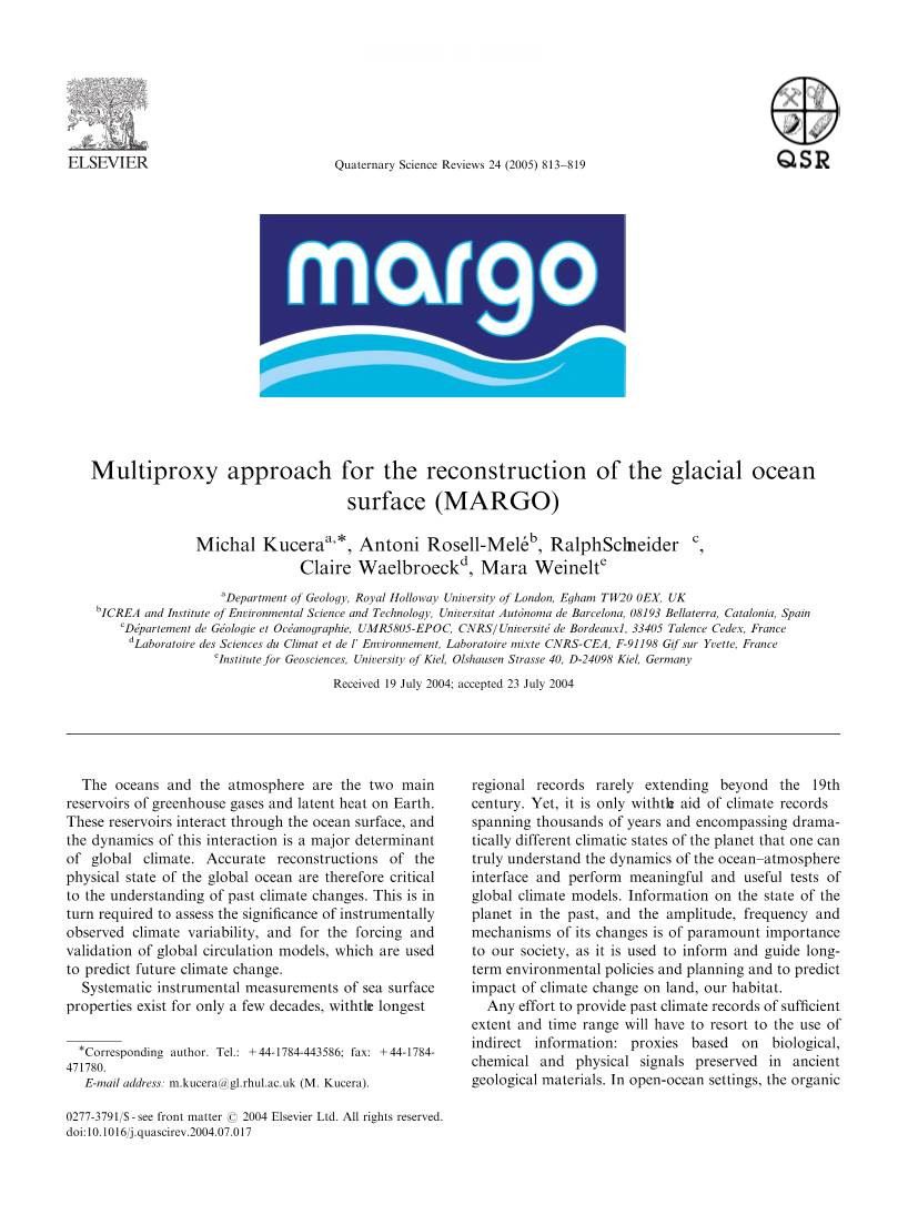 Multiproxy Approach for the Reconstruction of the Glacial Ocean Surface (MARGO)