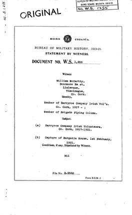 ORIGINAL BUREAUOFMILITARYHISTORY1913-21 BUROSTAIRE MILEATA1913-21 No. W.S. 1255 ROINN COSANTA. BUREAU of MILITARY HISTORY, 1913