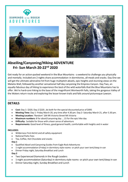 Abseiling/Canyoning/Hiking ADVENTURE Fri- Sun March 20-22Nd 2020