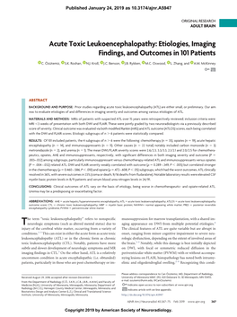 Acute Toxic Leukoencephalopathy: Etiologies, Imaging Findings, and Outcomes in 101 Patients