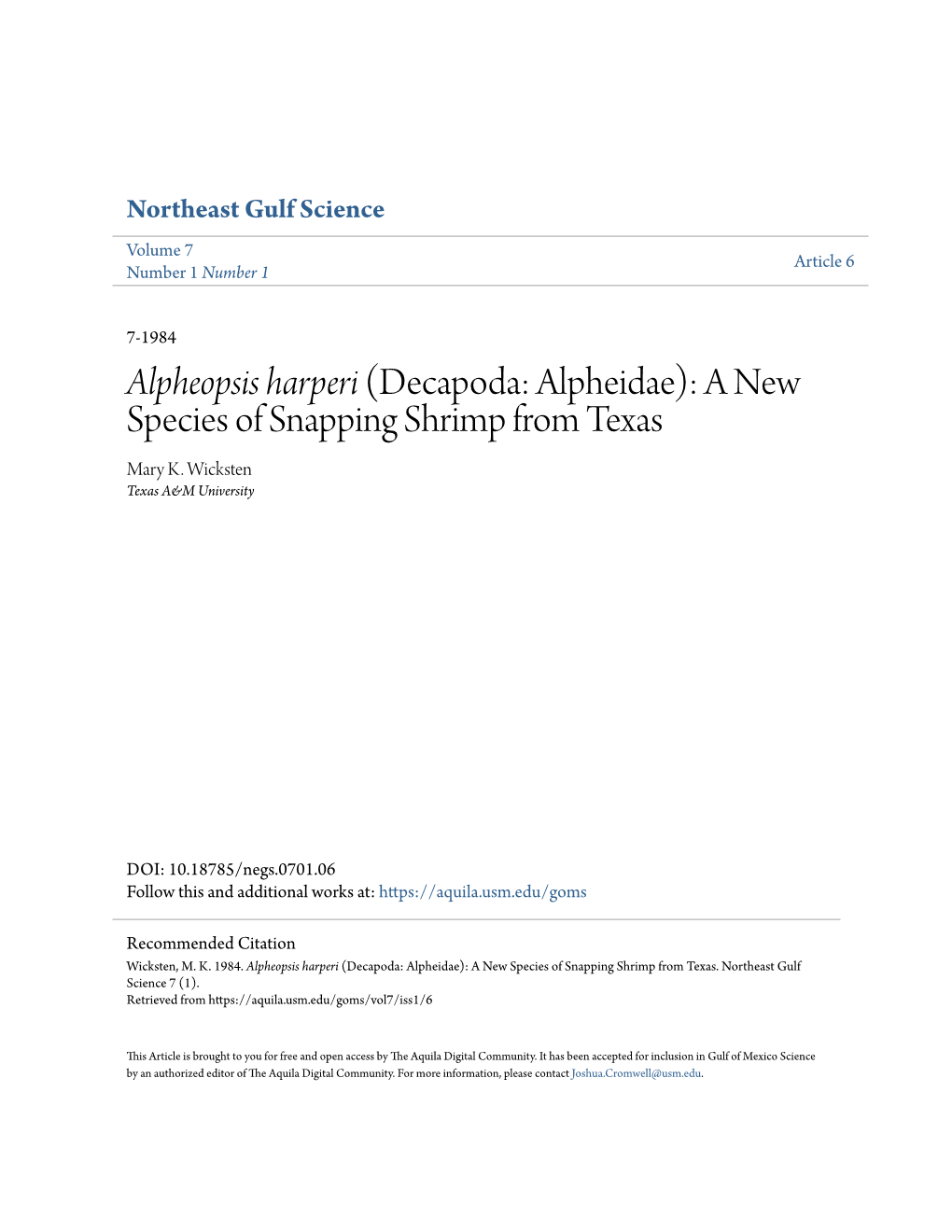 Alpheopsis Harperi (Decapoda: Alpheidae): a New Species of Snapping Shrimp from Texas Mary K