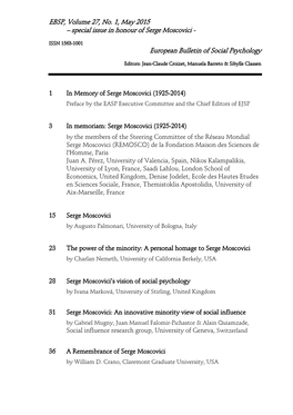 EBSP, Volume 27, No. 1, May 2015 – Special Issue in Honour of Serge Moscovici
