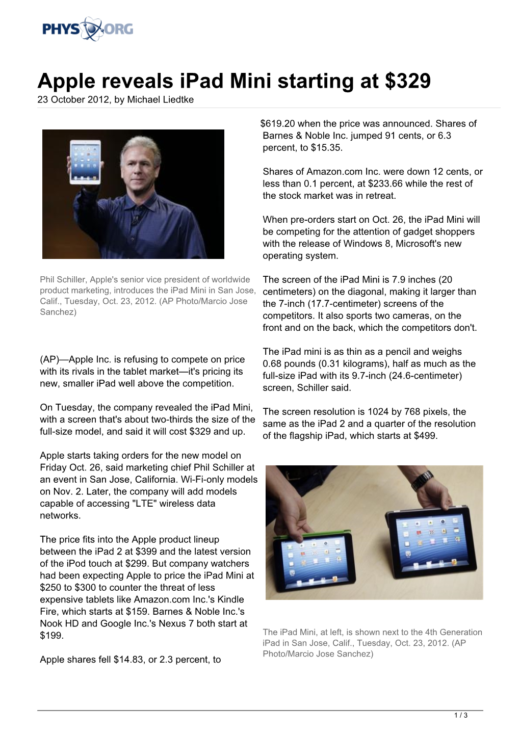 Apple Reveals Ipad Mini Starting at $329 23 October 2012, by Michael Liedtke