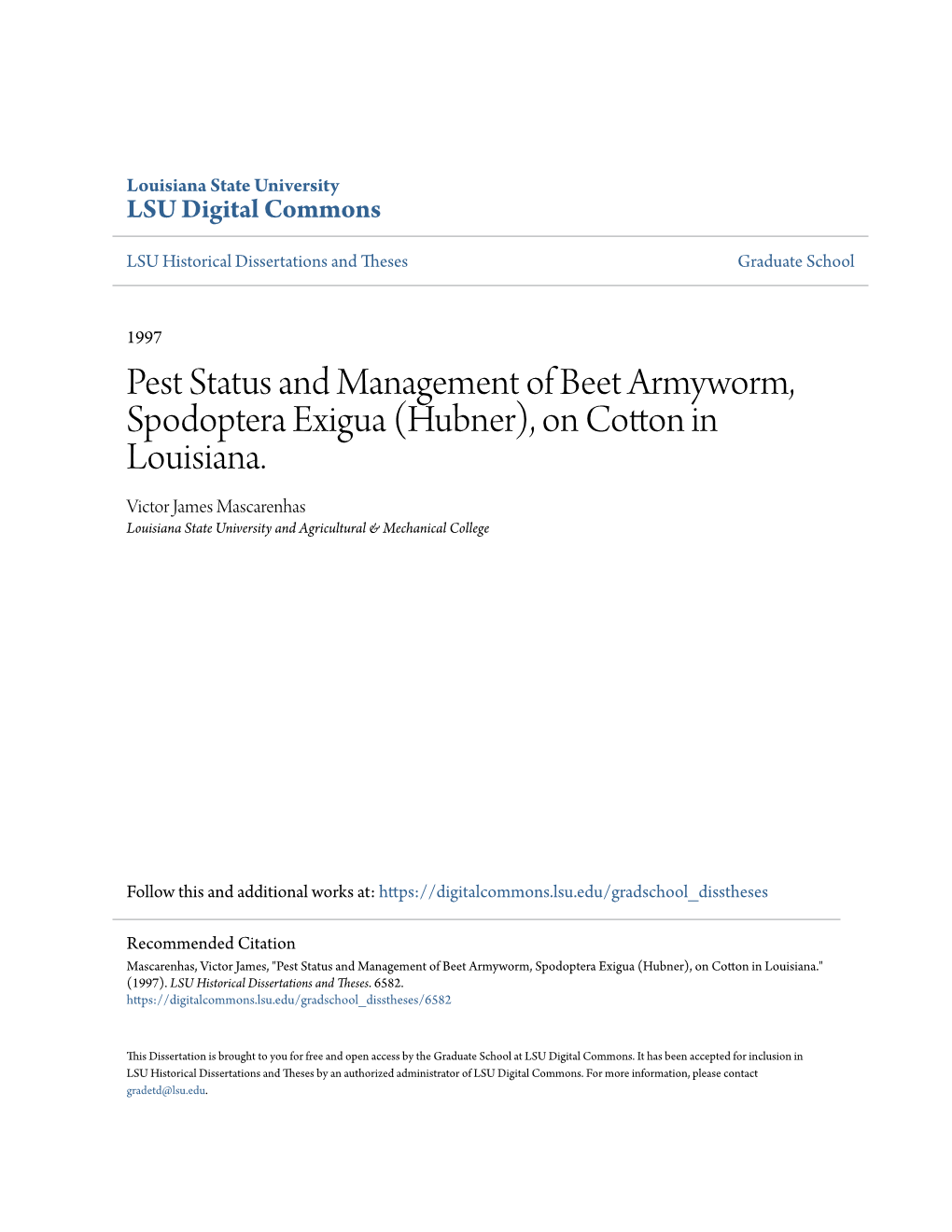 Pest Status and Management of Beet Armyworm, Spodoptera Exigua (Hubner), on Cotton in Louisiana