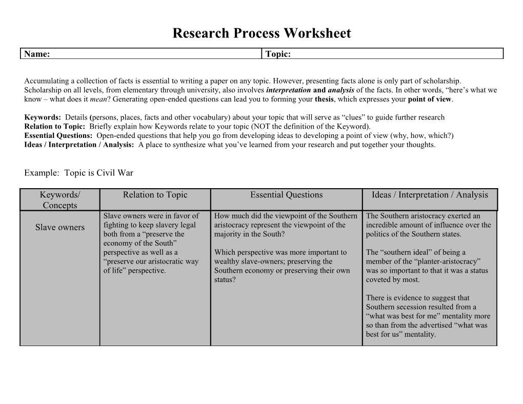 Research Process Worksheet