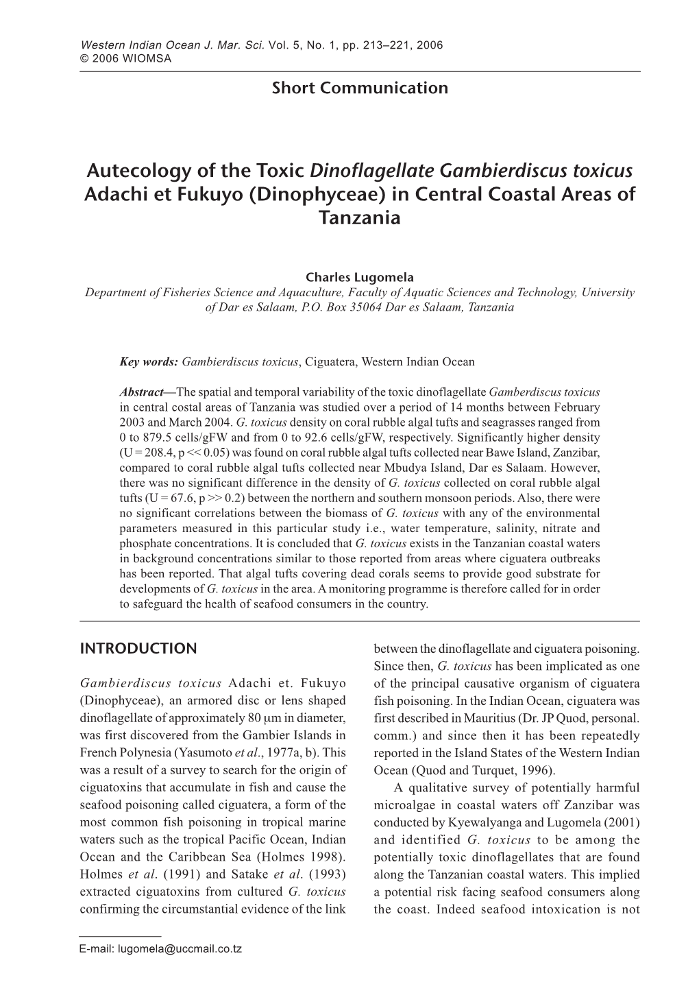 Autecology of the Toxic Dinoflagellate Gambierdiscus Toxicus Adachi Et Fukuyo (Dinophyceae) in Central Coastal Areas of Tanzania