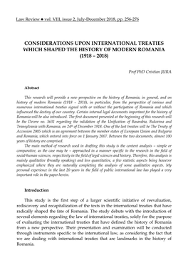 Considerations Upon International Treaties Which Shaped the History of Modern Romania (1918 – 2018)