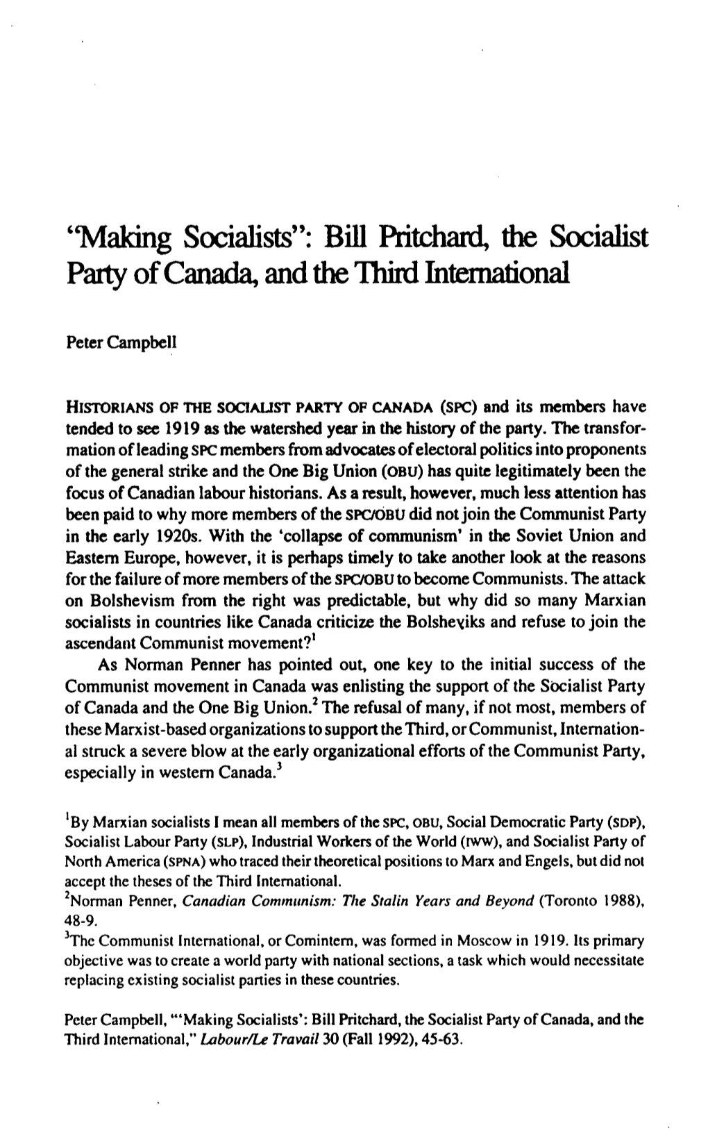 Making Socialists": Bill Pritchard, the Socialist Party of Canada, and the Third International