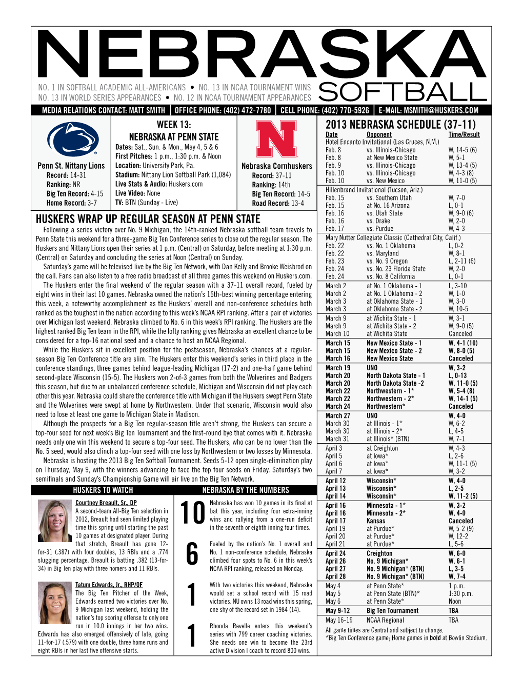 2013 Nebraska Schedule (37-11) Huskers Wrap up Regular Season