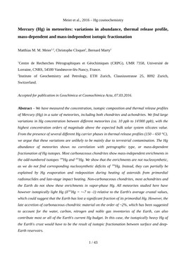 Mercury (Hg) in Meteorites: Variations in Abundance, Thermal Release Profile, Mass-Dependent and Mass-Independent Isotopic Fractionation