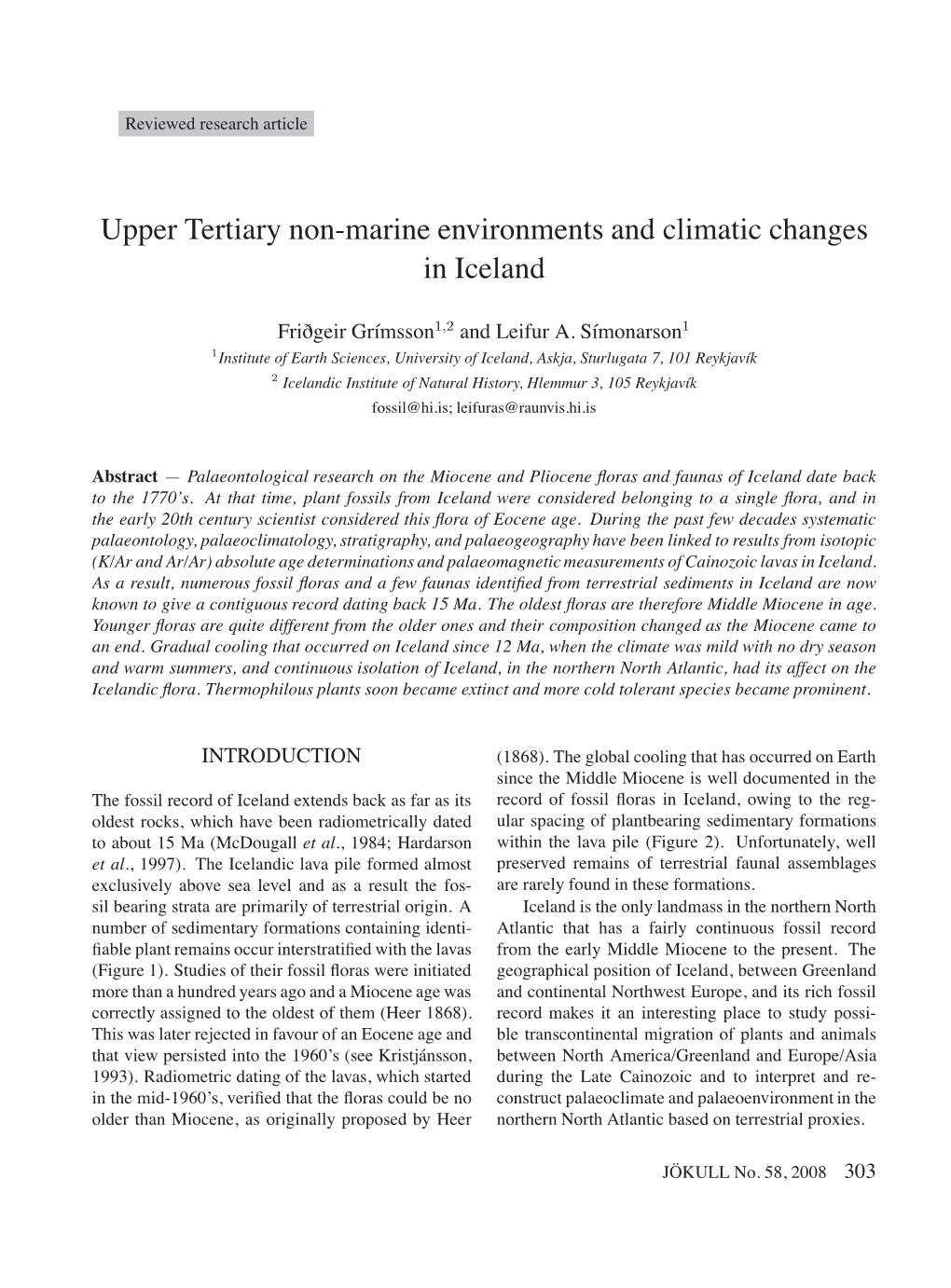 Upper Tertiary Non-Marine Environments and Climatic Changes Zone on the Reykjanes Peninsula, SW-Iceland