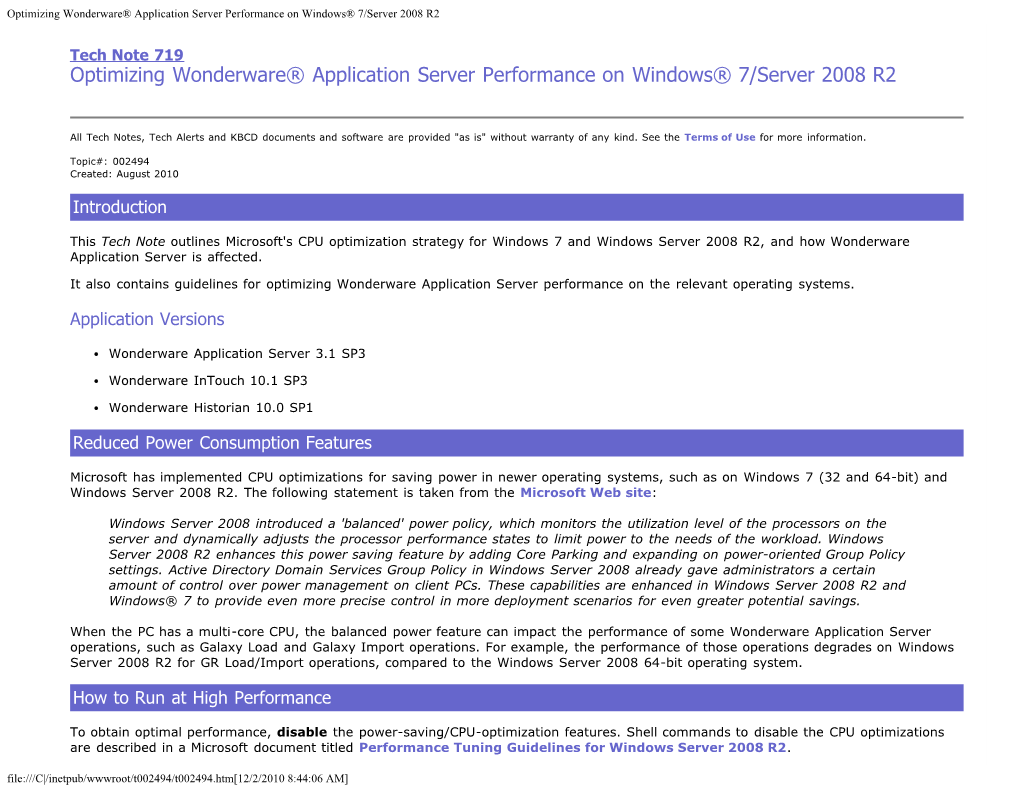 Optimizing Wonderware® Application Server Performance on Windows® 7/Server 2008 R2