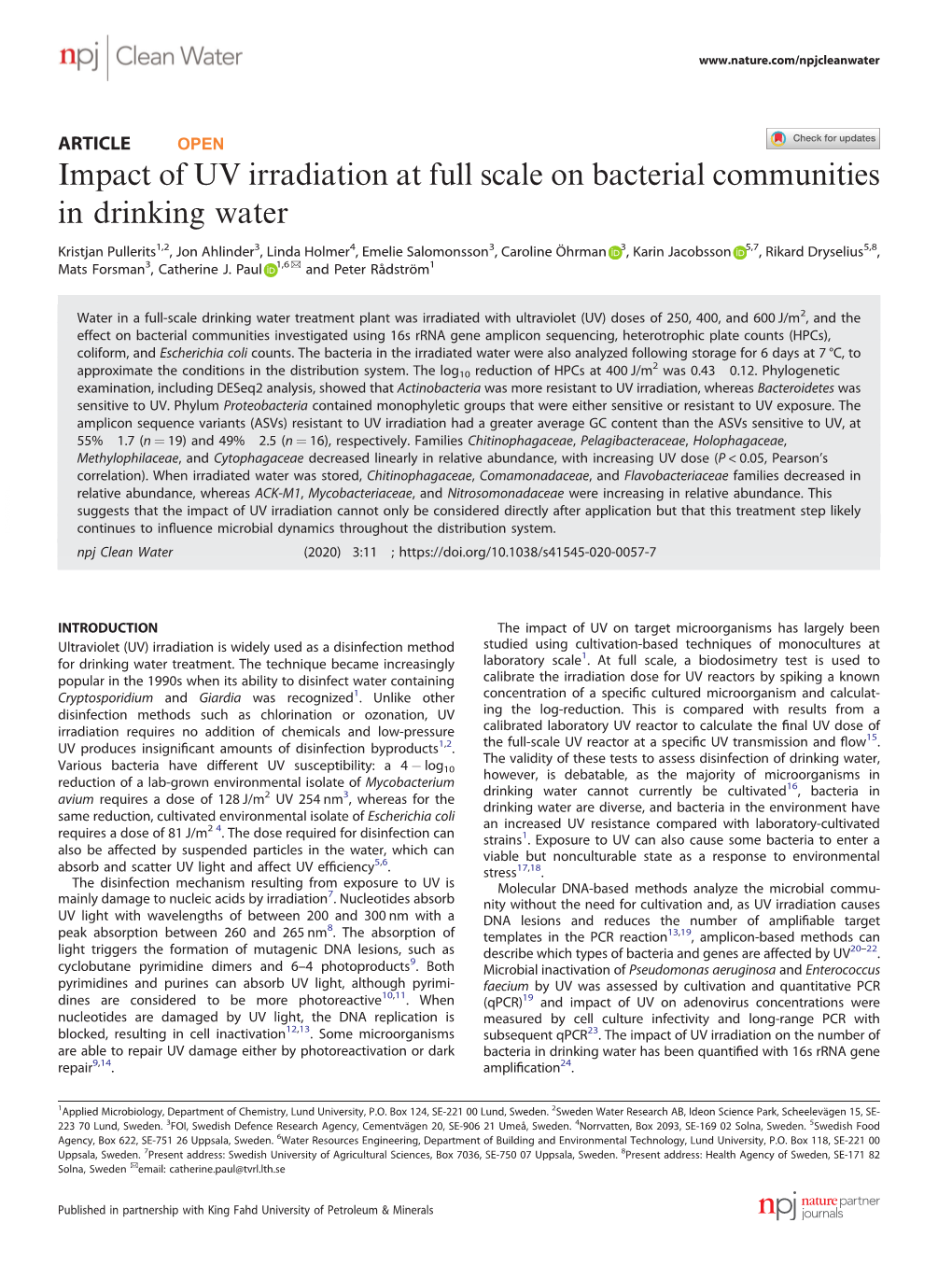 Impact of UV Irradiation at Full Scale on Bacterial Communities in Drinking Water