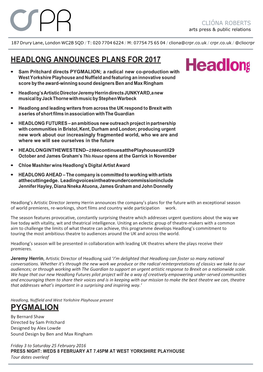 Headlong Announces Plans for 2017 Pygmalion