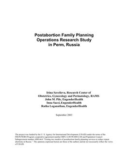 Postabortion Family Planning Operations Research Study in Perm, Russia