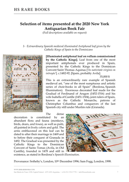 Selection of Items Presented at the 2020 New York Antiquarian Book Fair (Full Descriptions Available on Request)