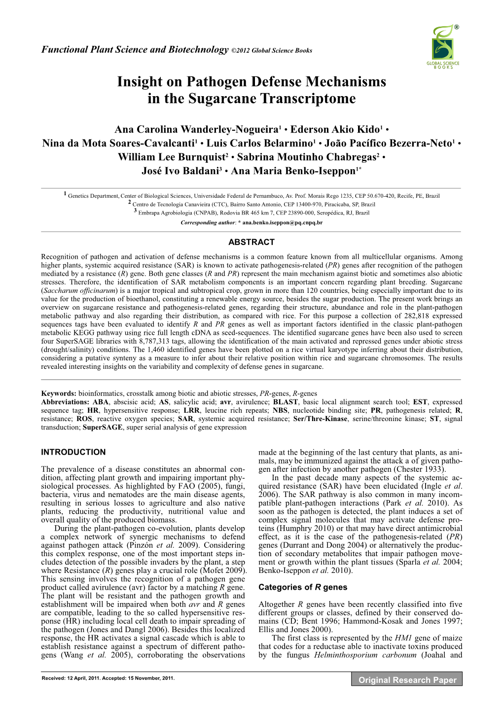 Insight on Pathogen Defense Mechanisms in the Sugarcane Transcriptome