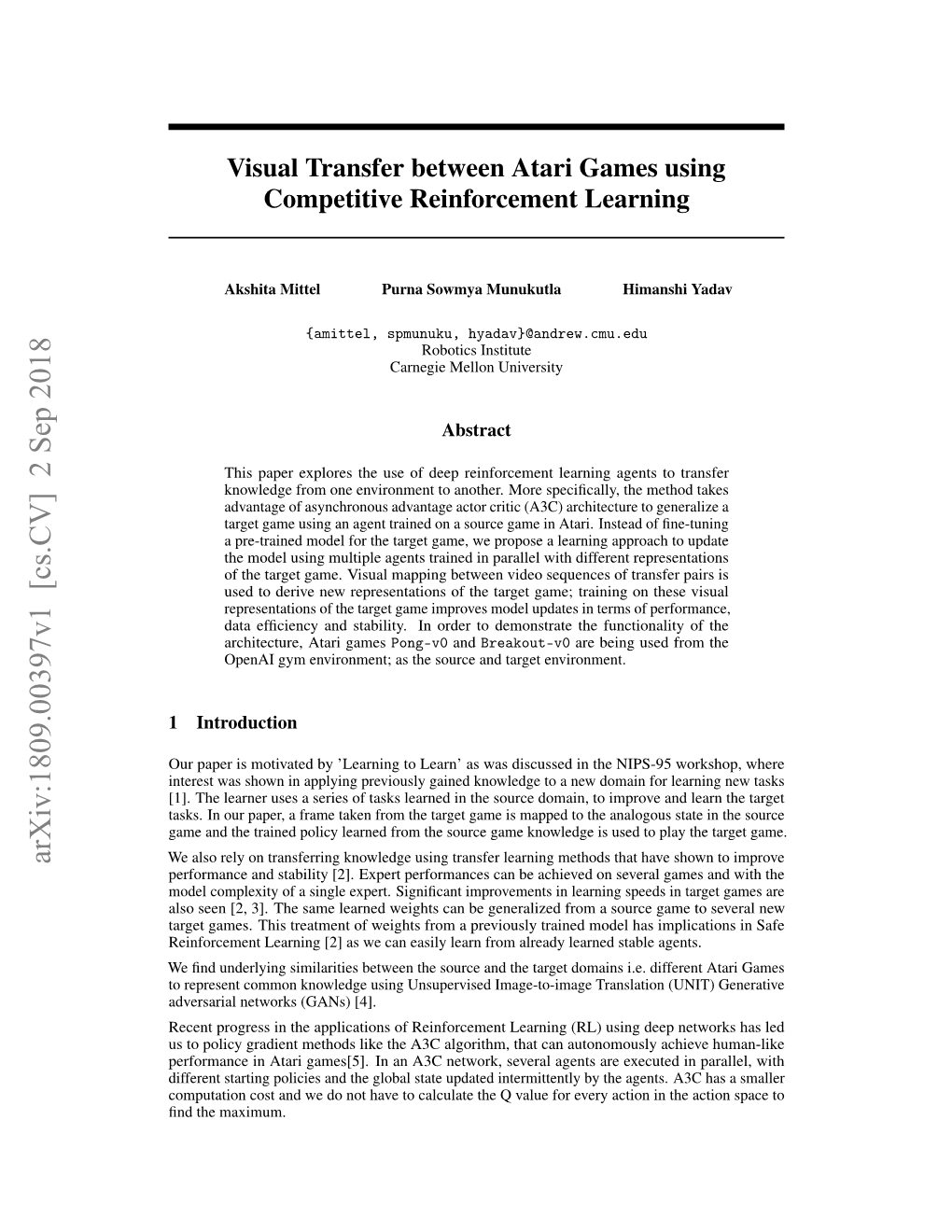 Visual Transfer Between Atari Games Using Competitive Reinforcement Learning