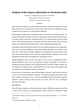 Analysis of the Cyprus Referendum on the Annan Plan* Theodore Chadjipadelis and Ioannis Andreadis† Department of Political Sciences Aristotle University Thessaloniki
