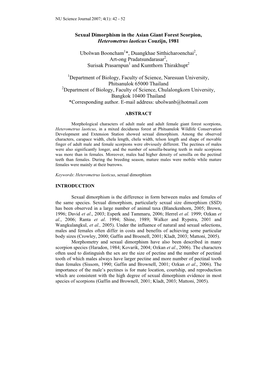 Sexual Dimorphism in the Asian Giant Forest Scorpion, Heterometrus Laoticus Couzijn, 1981