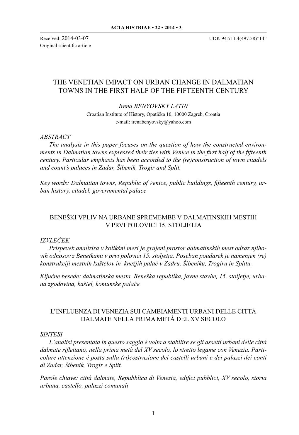 The Venetian Impact on Urban Change in Dalmatian Towns in the First Half of the Fifteenth Century