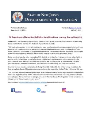 NJ Department of Education Highlights Social-Emotional Learning Day on March 26