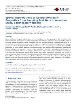 Spatial Distributions of Aquifer Hydraulic Properties from Pumping Test Data in Anambra State, Southeastern Nigeria