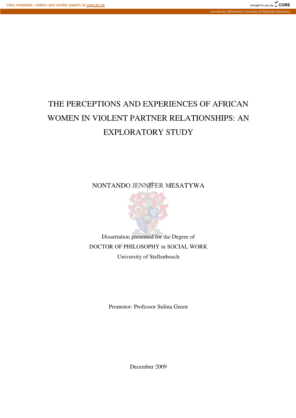 The Perceptions and Experiences of African Women in Violent Partner Relationships: an Exploratory Study