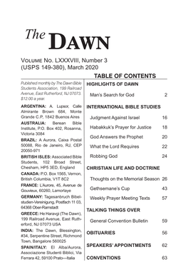 March 2020 TABLE of CONTENTS Published Monthly by the Dawn Bible HIGHLIGHTS of DAWN Students Association, 199 Railroad Avenue, East Rutherford, NJ 07073