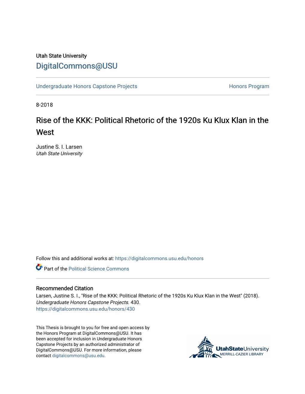 Rise of the KKK: Political Rhetoric of the 1920S Ku Klux Klan in the West