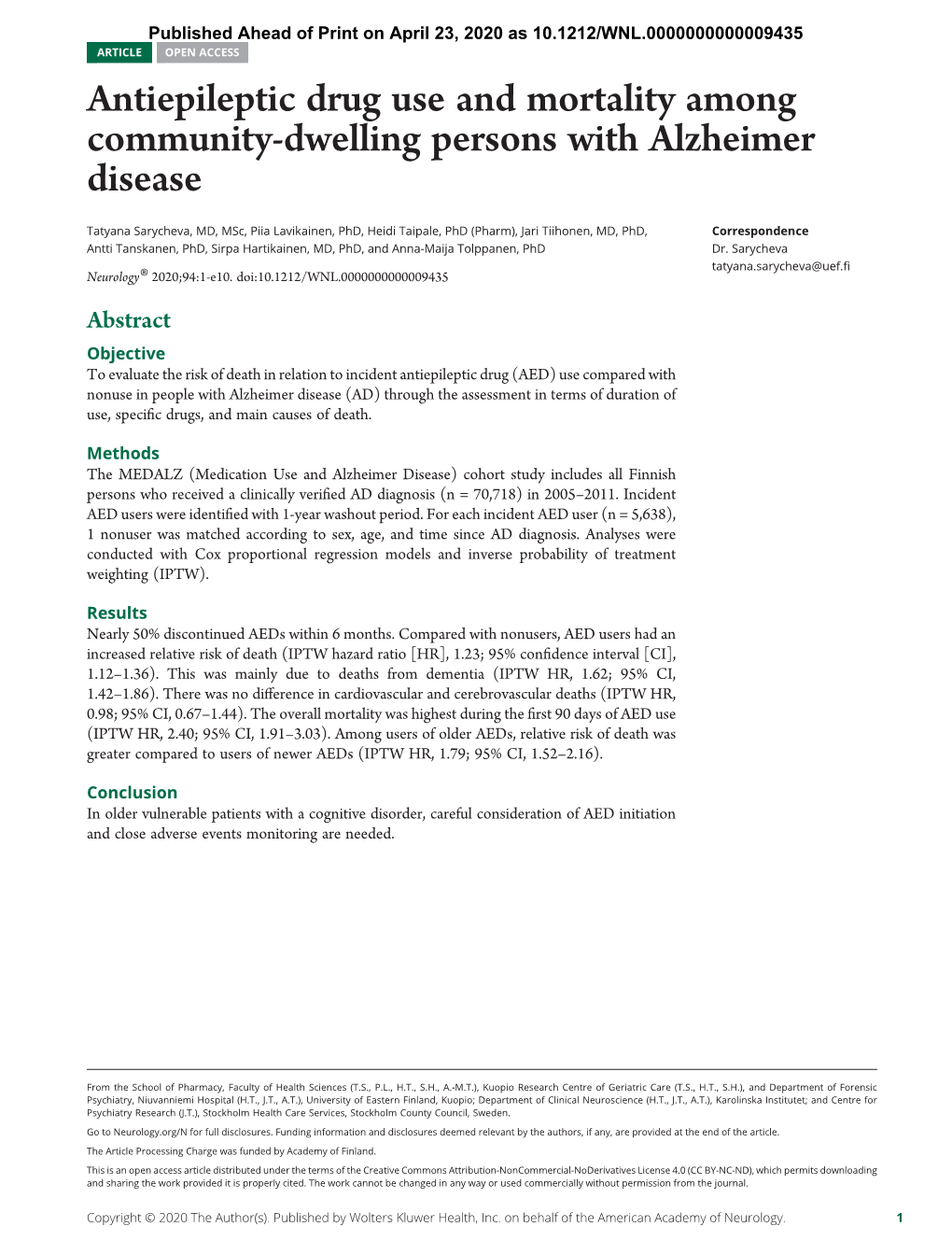 Antiepileptic Drug Use and Mortality Among Community-Dwelling Persons with Alzheimer Disease