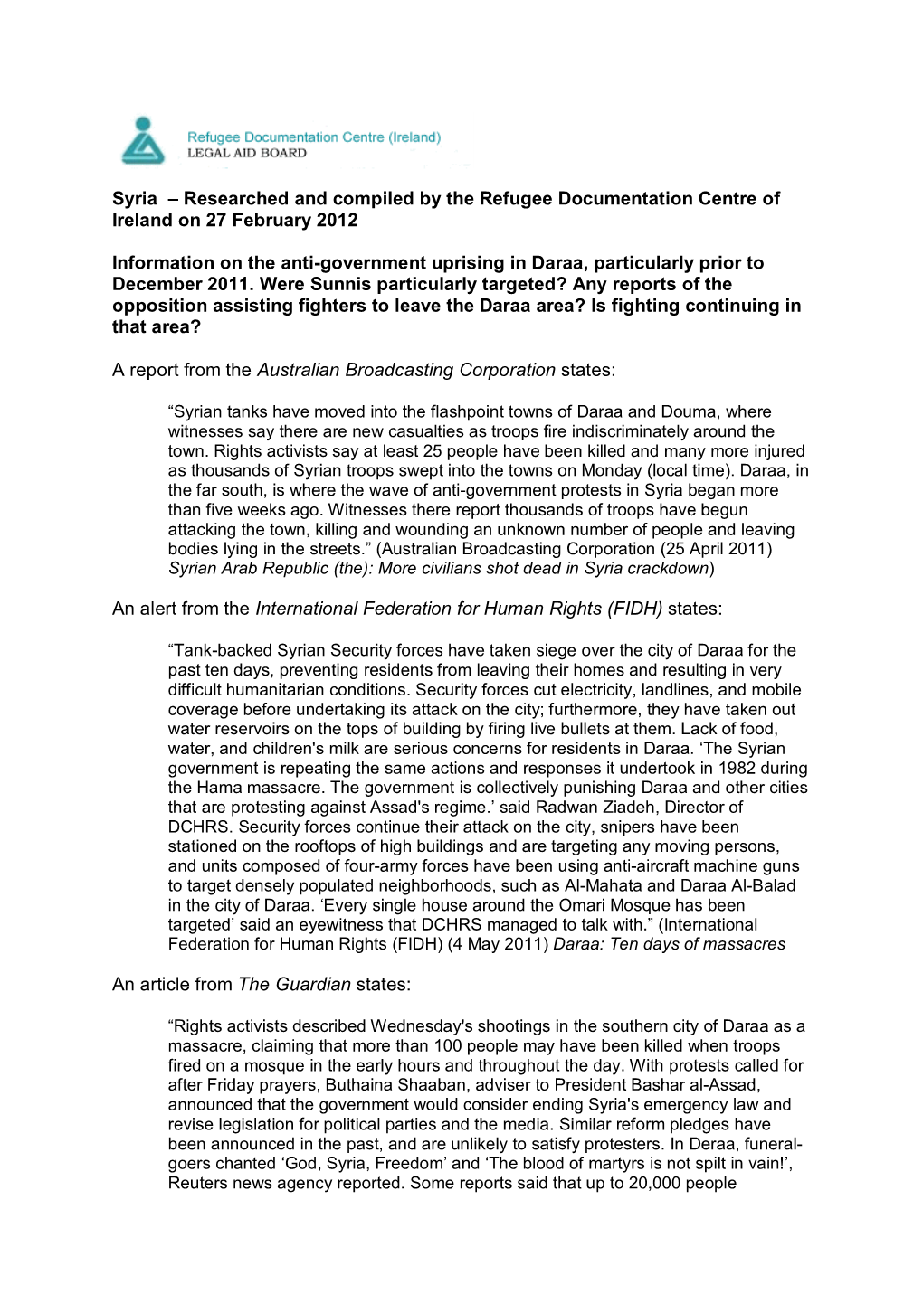 Syria – Researched and Compiled by the Refugee Documentation Centre of Ireland on 27 February 2012