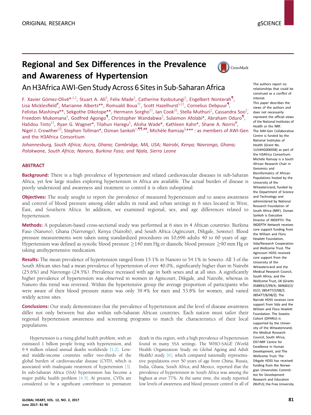 Regional and Sex Differences in the Prevalence and Awareness Of