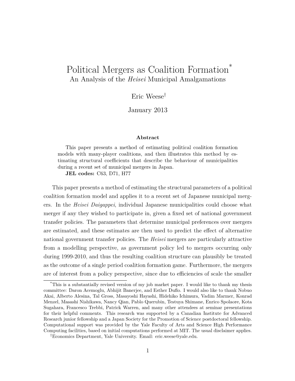 Political Mergers As Coalition Formation* an Analysis of the Heisei Municipal Amalgamations