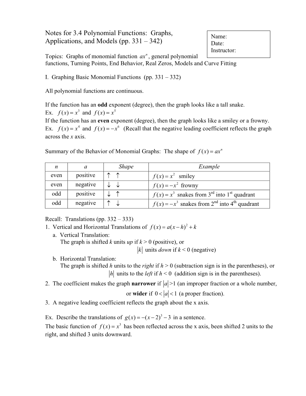 Notes for 3.4 Polynomial Functions: Graphs, Applications, and Models (Pp. 331 – 342)