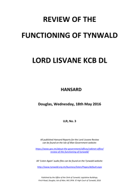 Review of the Functioning of Tynwald Lord Lisvane Kcb Dl