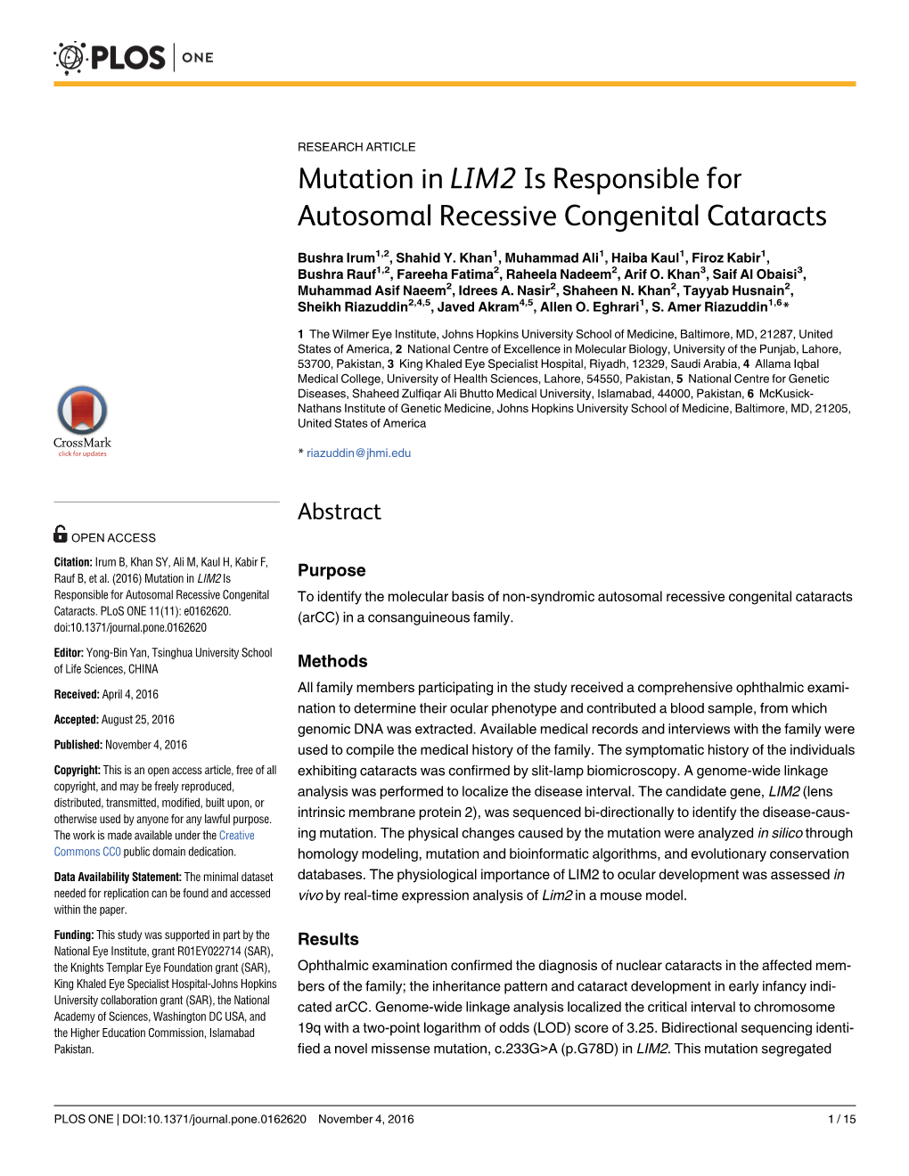 Mutation in LIM2 Is Responsible for Autosomal Recessive Congenital Cataracts