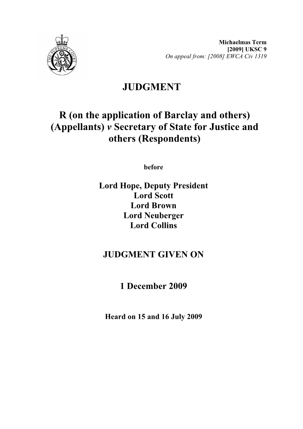 Barclay and Others) (Appellants) V Secretary of State for Justice and Others (Respondents)