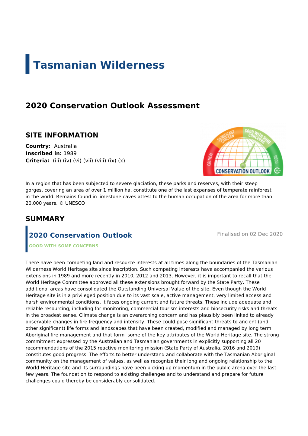 2020 Conservation Outlook Assessment