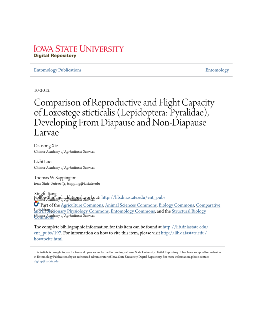 Comparison of Reproductive and Flight Capacity of Loxostege