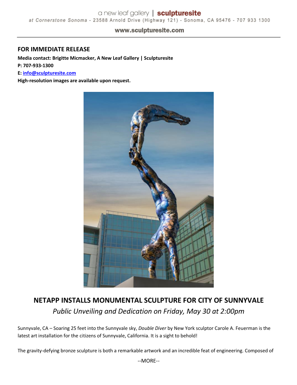 NETAPP INSTALLS MONUMENTAL SCULPTURE for CITY of SUNNYVALE Public Unveiling and Dedication on Friday, May 30 at 2:00Pm